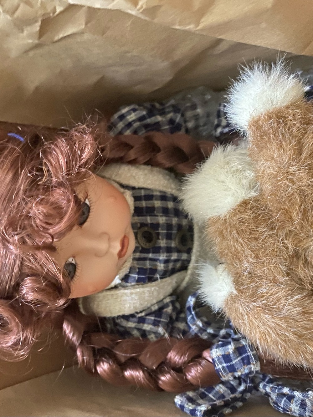Blue Plaid Porcelain Doll with Brown Braided Hair